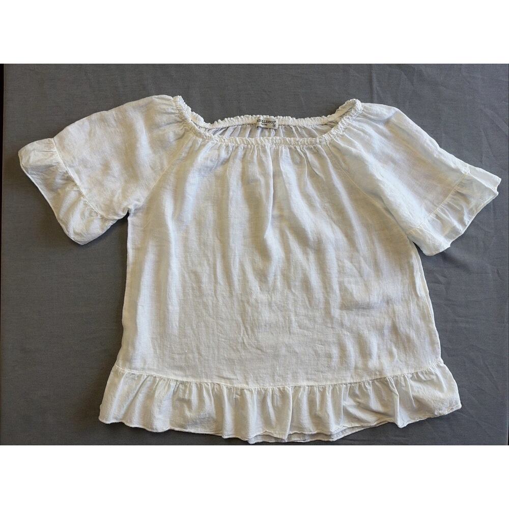 Terzo Millennio Italy White 100% Linen Blouse M Ruffle Hem Boho Top Shirt